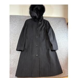 VINTAGE Fleet Street Wool Long Coat Womens XL Black Fox Fur Hood Jacket Gorpcore